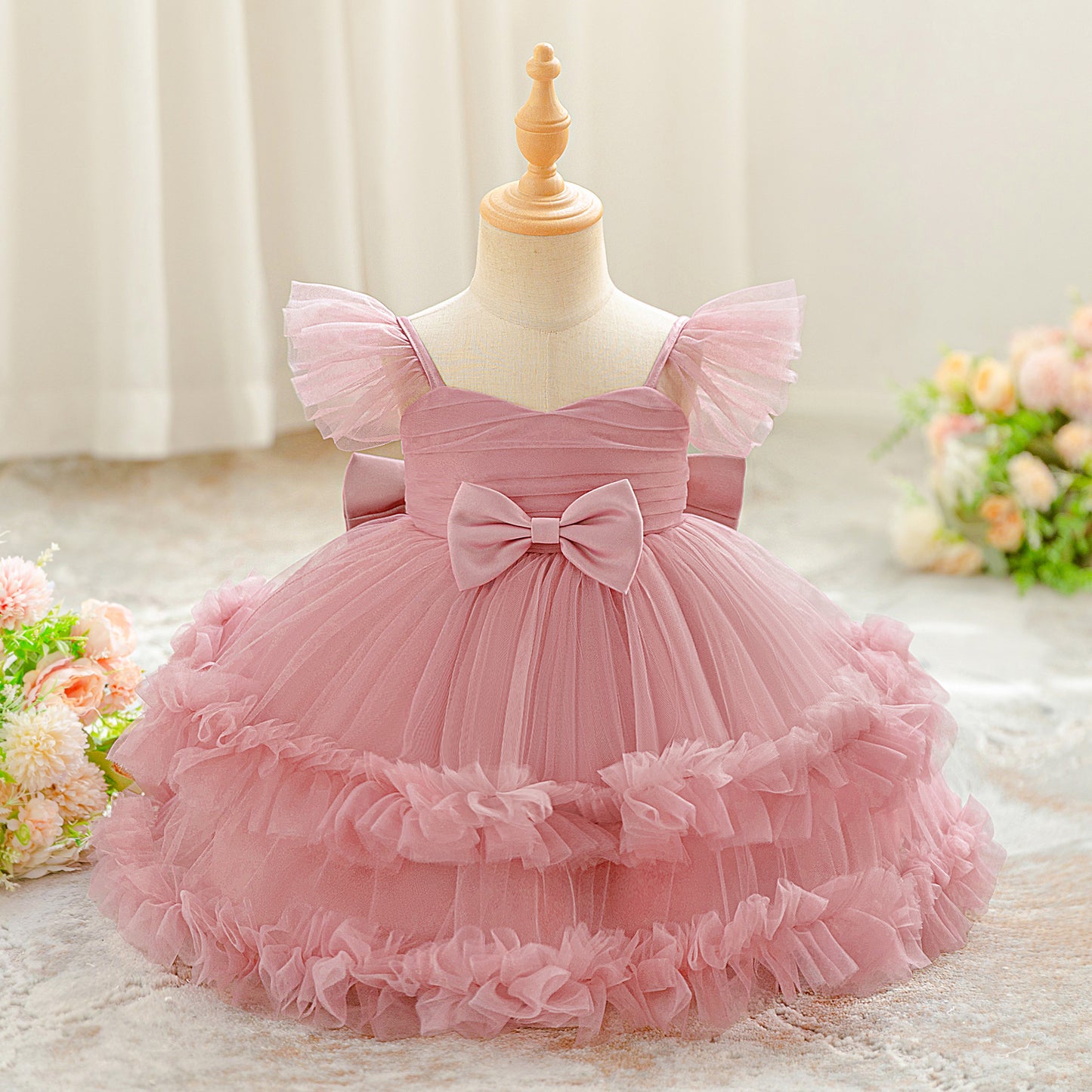 Puffy Tulle Ball Gown Baby Dress – Tiered Skirt & Bow | Party & Flower Girl Outfit