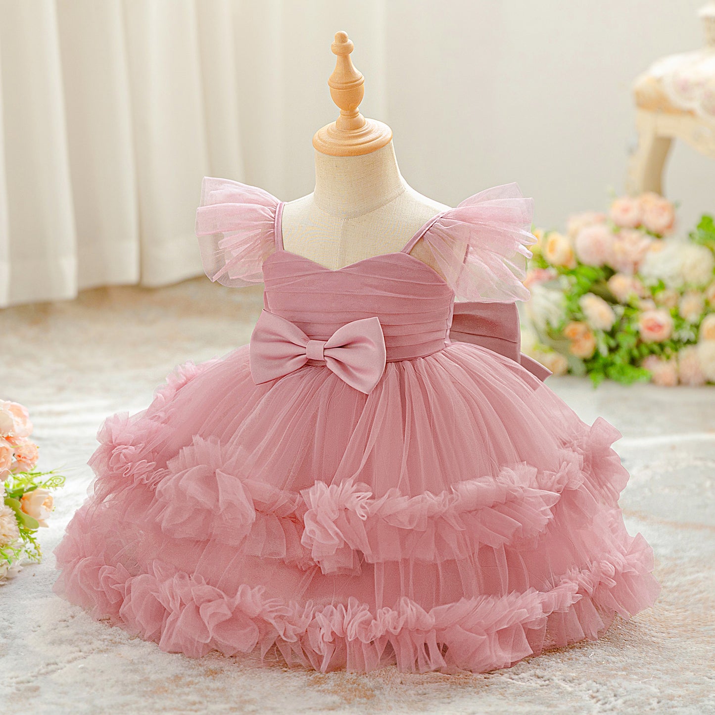 Puffy Tulle Ball Gown Baby Dress – Tiered Skirt & Bow | Party & Flower Girl Outfit