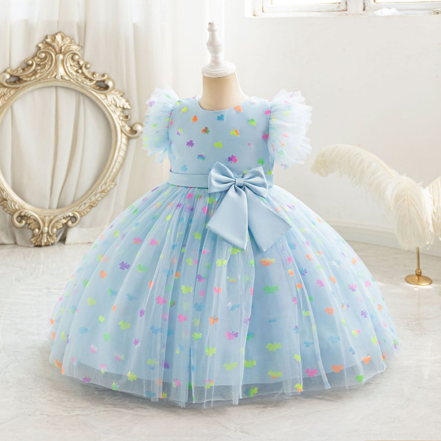 Tea Length Puffy Princess Dress with Bowknot for Girls | Cute Mesh Formal Party Dress