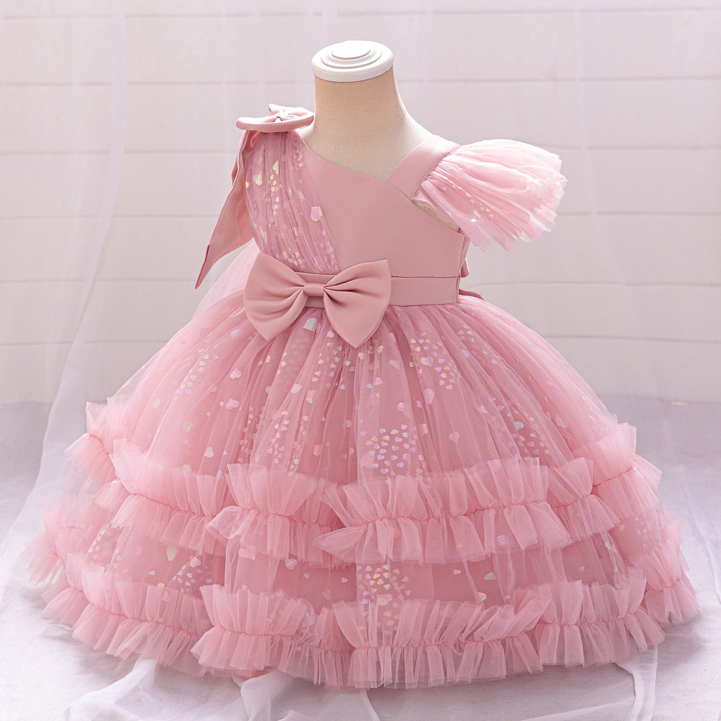 Tea Length Puffy Tulle Dress for Girls, Bow & Sequin Flower Girl Outfit
