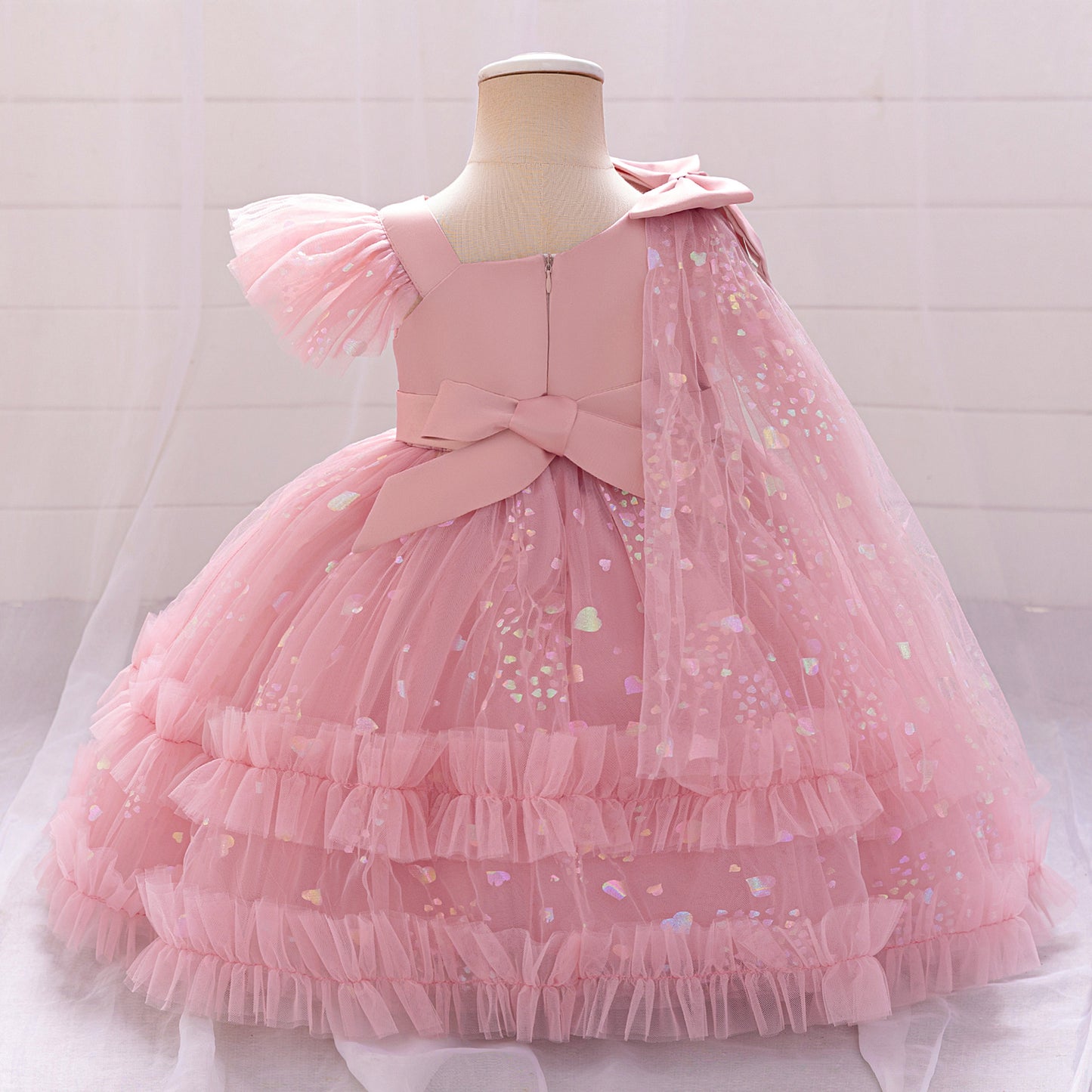 Tea Length Puffy Tulle Dress for Girls, Bow & Sequin Flower Girl Outfit