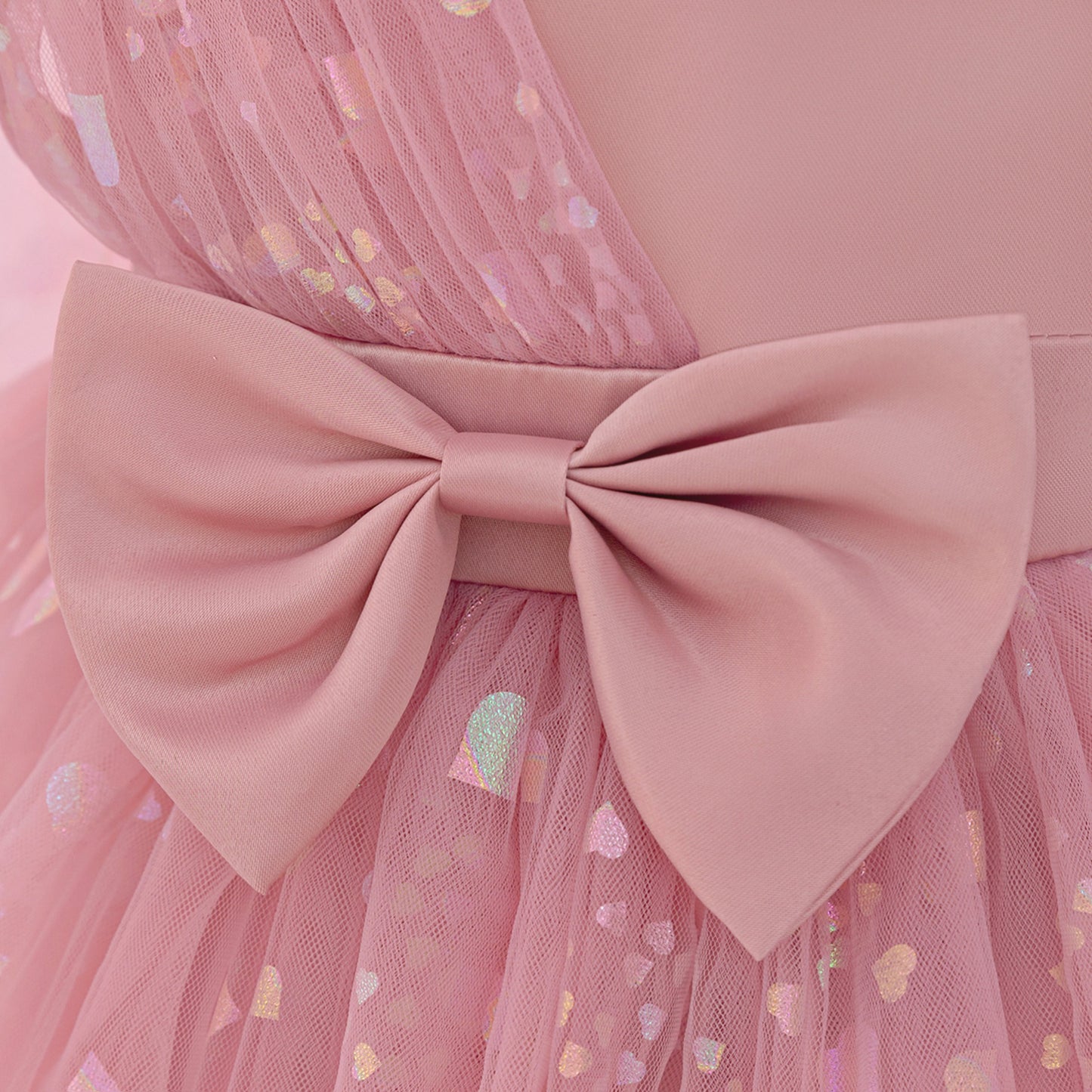 Tea Length Puffy Tulle Dress for Girls, Bow & Sequin Flower Girl Outfit