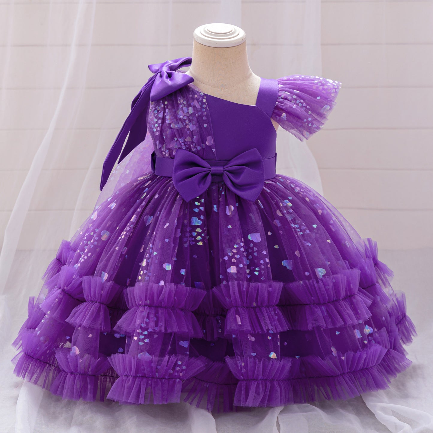 Tea Length Puffy Tulle Dress for Girls, Bow & Sequin Flower Girl Outfit