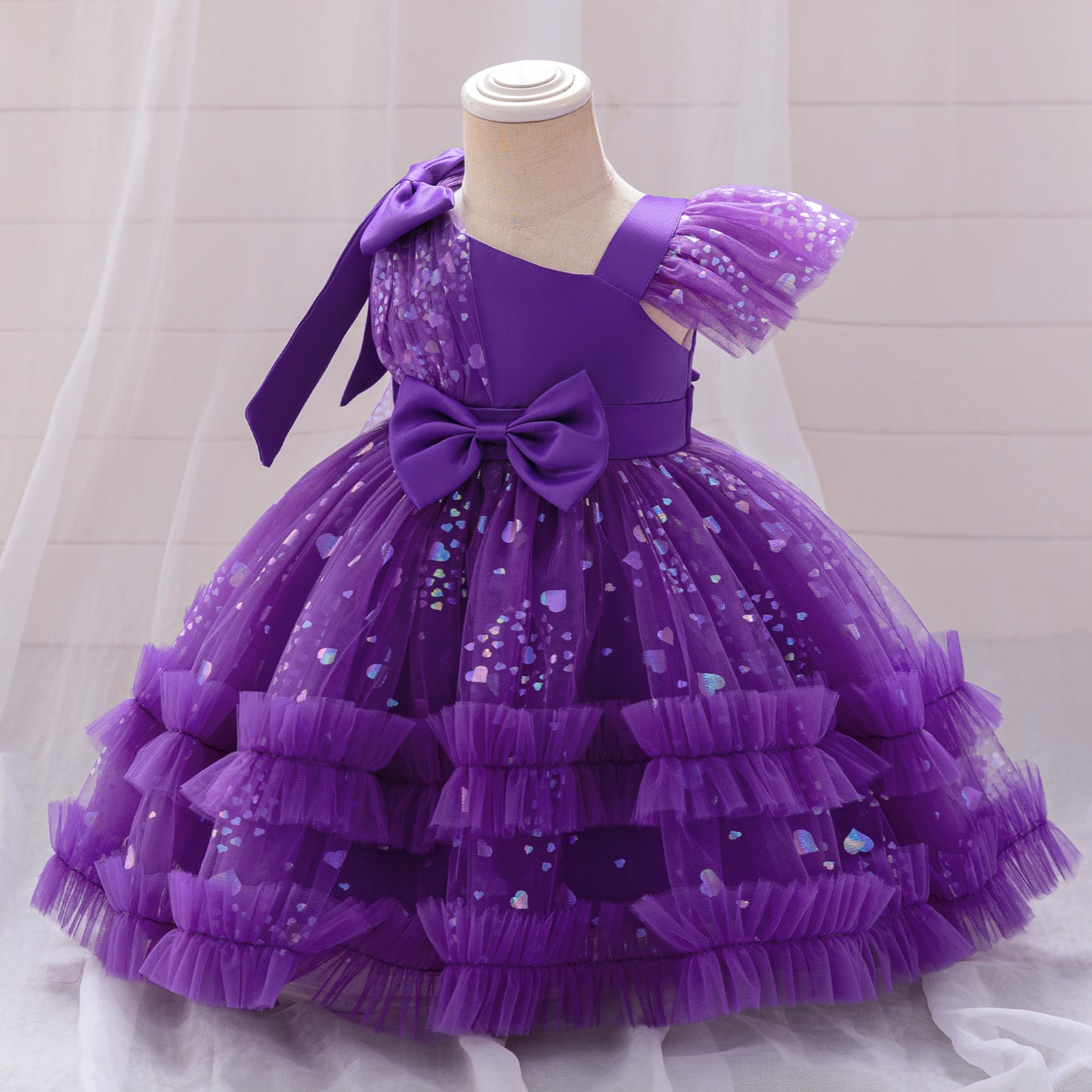 Tea Length Puffy Tulle Dress for Girls, Bow & Sequin Flower Girl Outfit