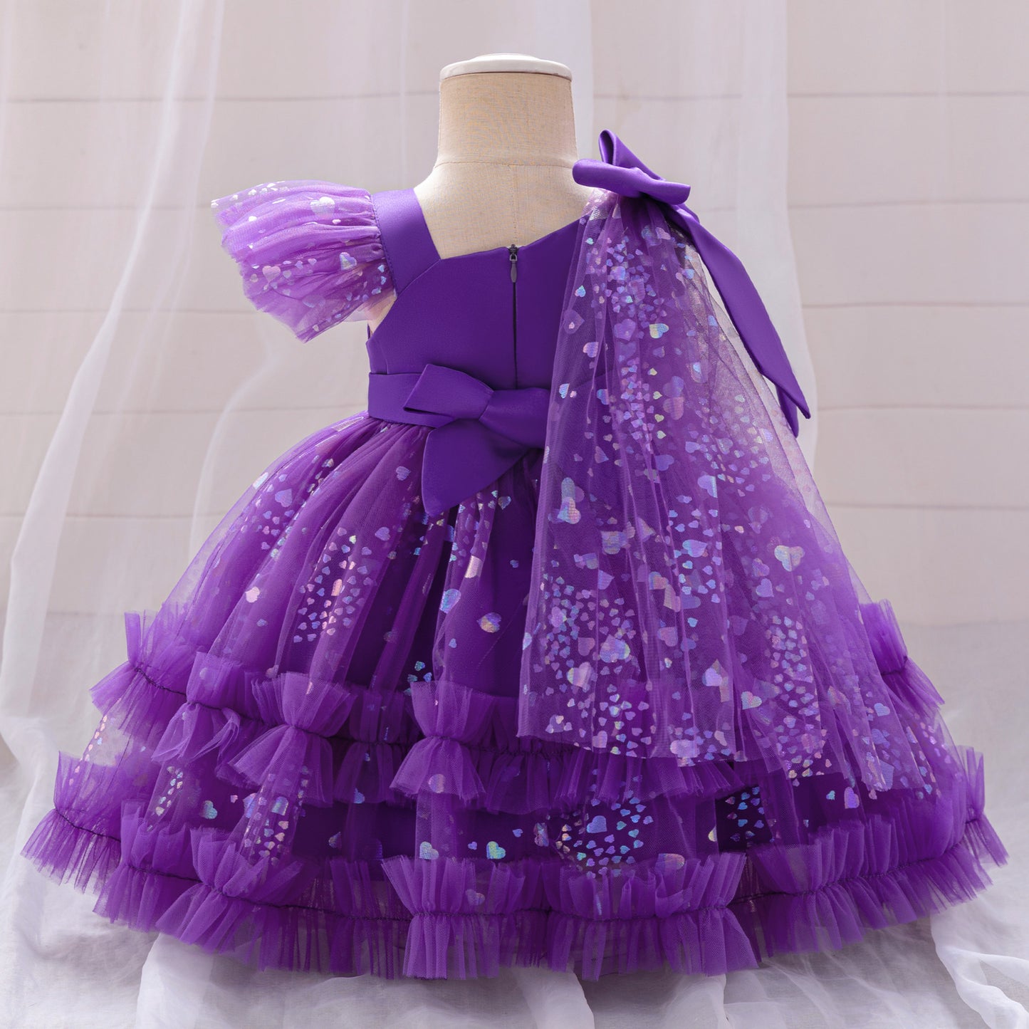 Tea Length Puffy Tulle Dress for Girls, Bow & Sequin Flower Girl Outfit