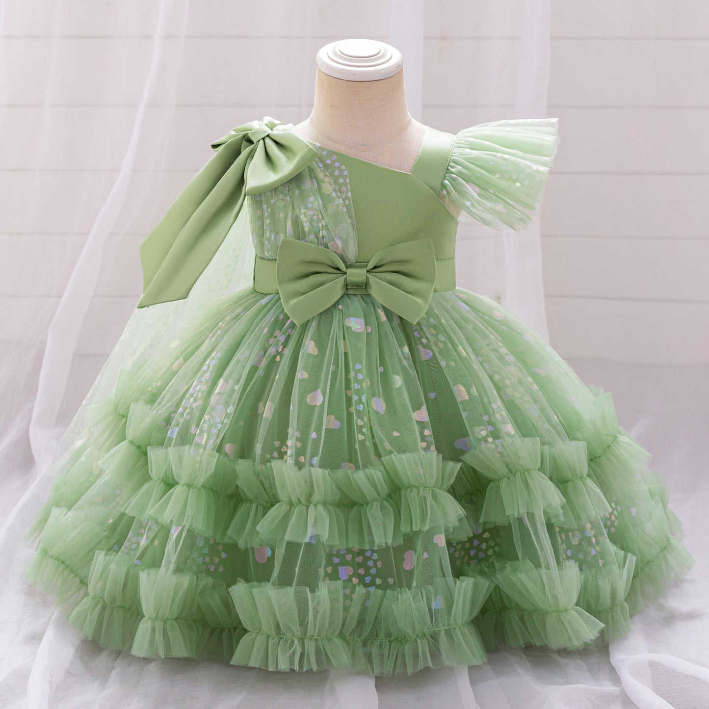 Tea Length Puffy Tulle Dress for Girls, Bow & Sequin Flower Girl Outfit
