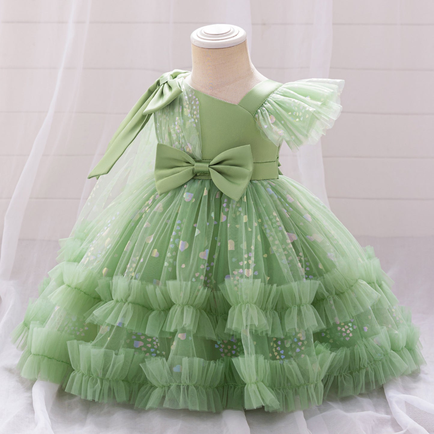 Tea Length Puffy Tulle Dress for Girls, Bow & Sequin Flower Girl Outfit