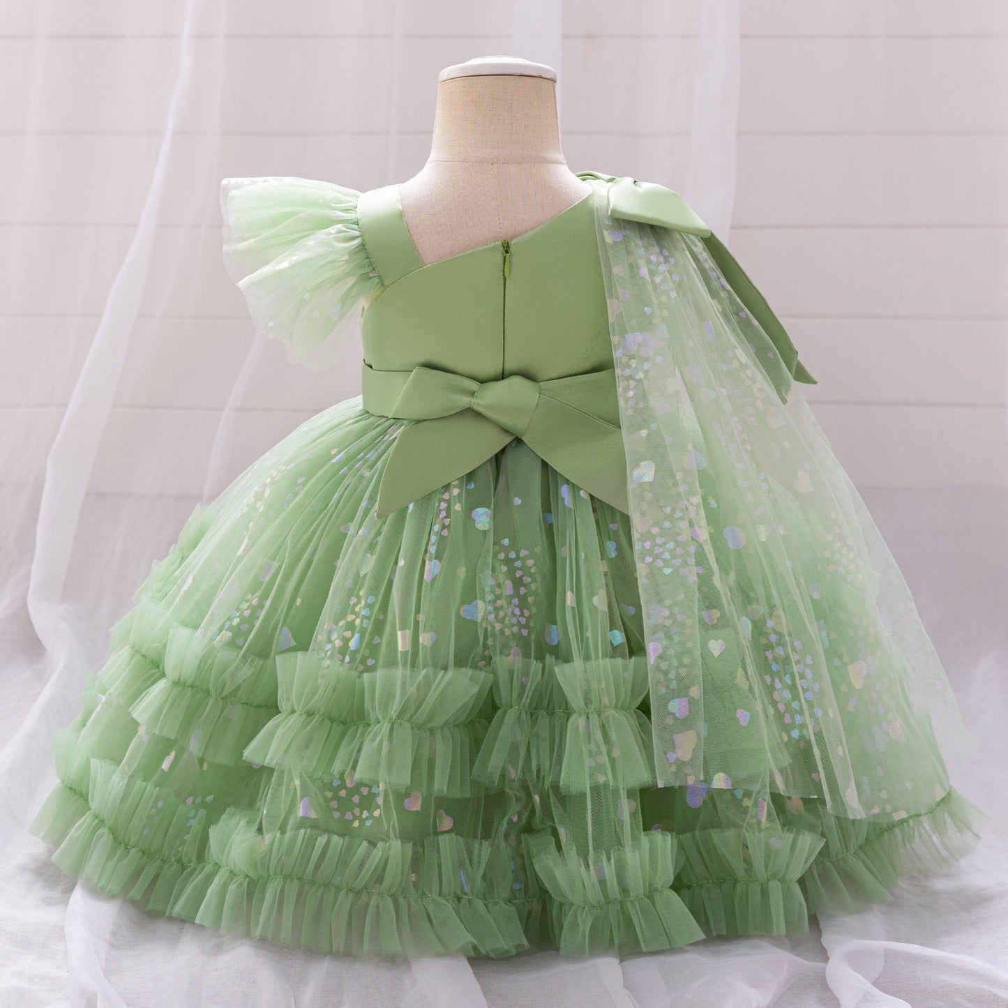 Tea Length Puffy Tulle Dress for Girls, Bow & Sequin Flower Girl Outfit