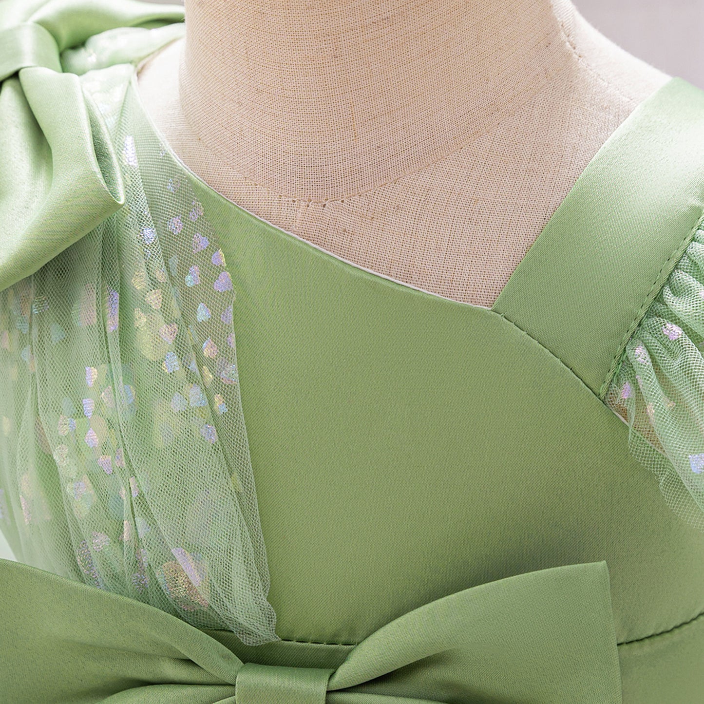 Tea Length Puffy Tulle Dress for Girls, Bow & Sequin Flower Girl Outfit