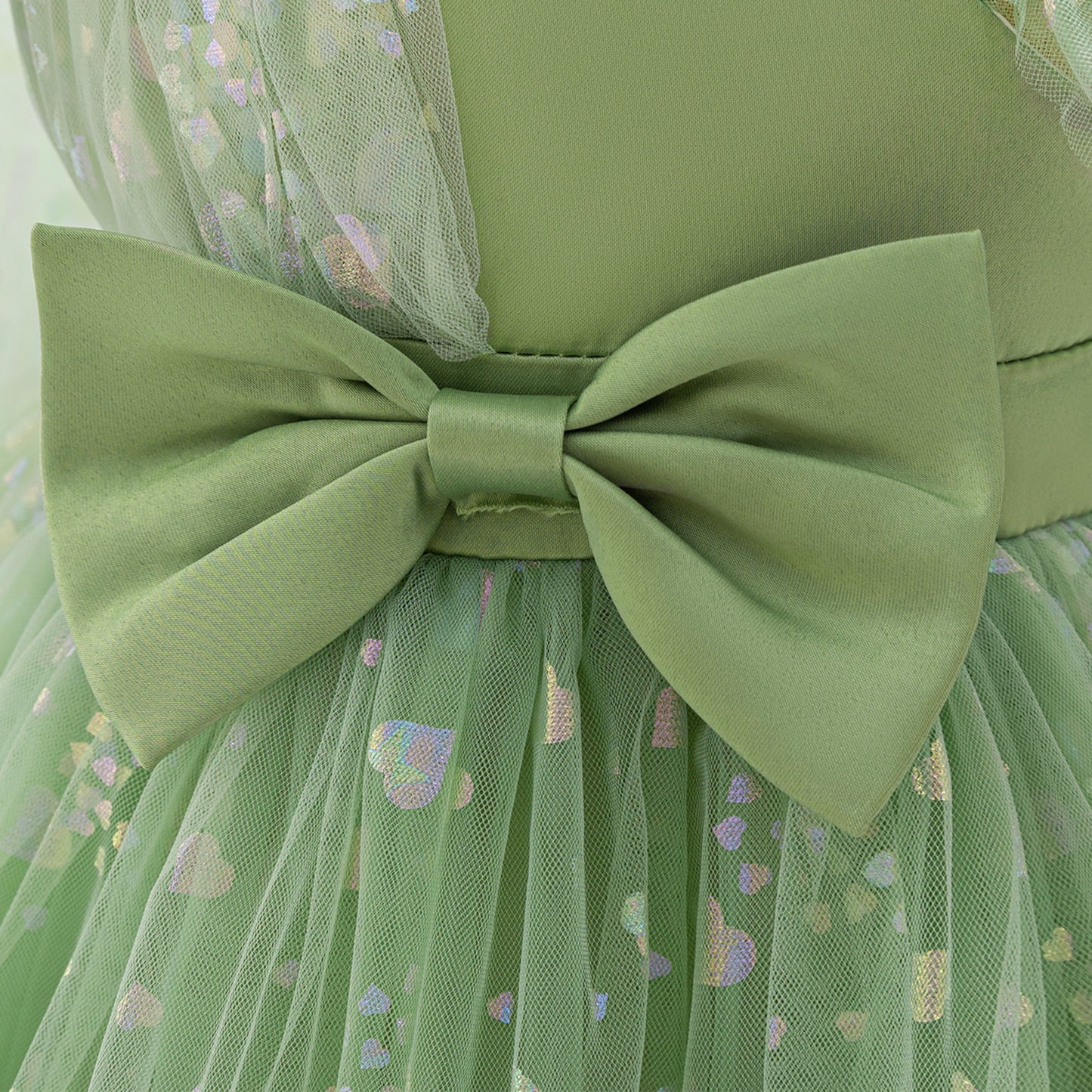 Tea Length Puffy Tulle Dress for Girls, Bow & Sequin Flower Girl Outfit