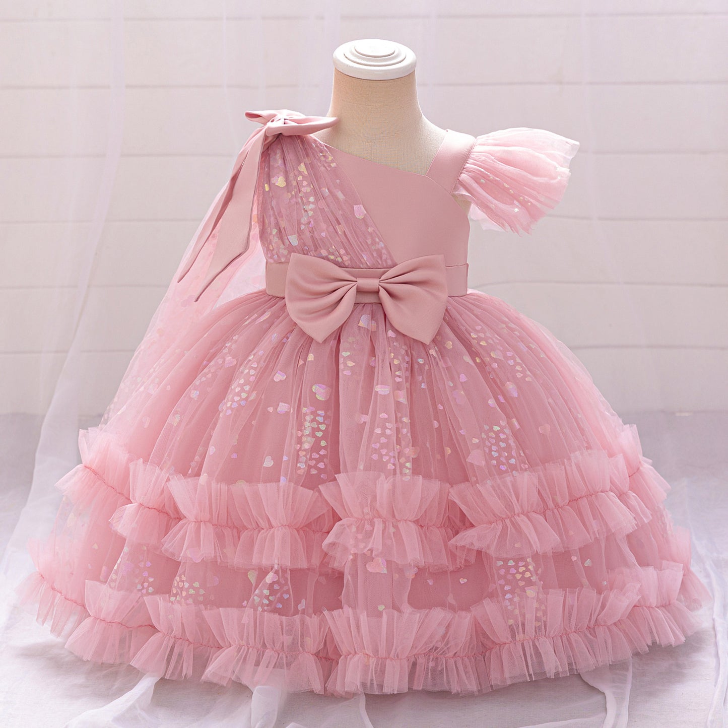 Tea Length Puffy Tulle Dress for Girls, Bow & Sequin Flower Girl Outfit