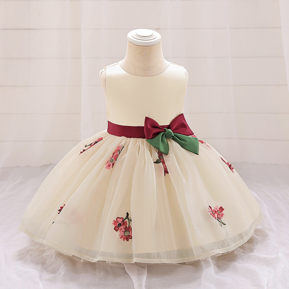 Cute Satin Tulle Embroidered Flower Girl Baby Dress - Tea Length Party Gown 9-24M