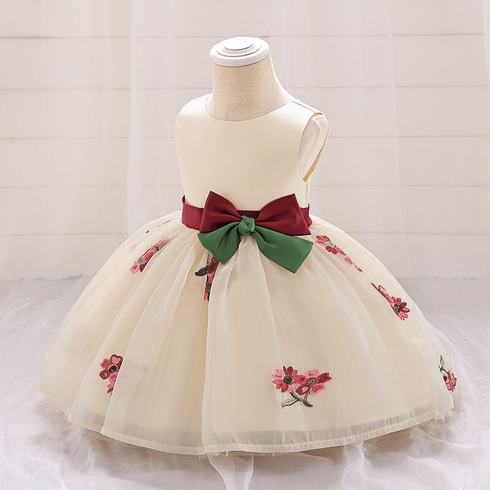 Cute Satin Tulle Embroidered Flower Girl Baby Dress - Tea Length Party Gown 9-24M
