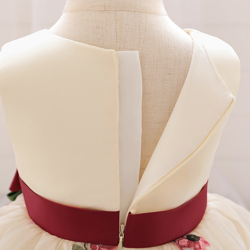 Cute Satin Tulle Embroidered Flower Girl Baby Dress - Tea Length Party Gown 9-24M