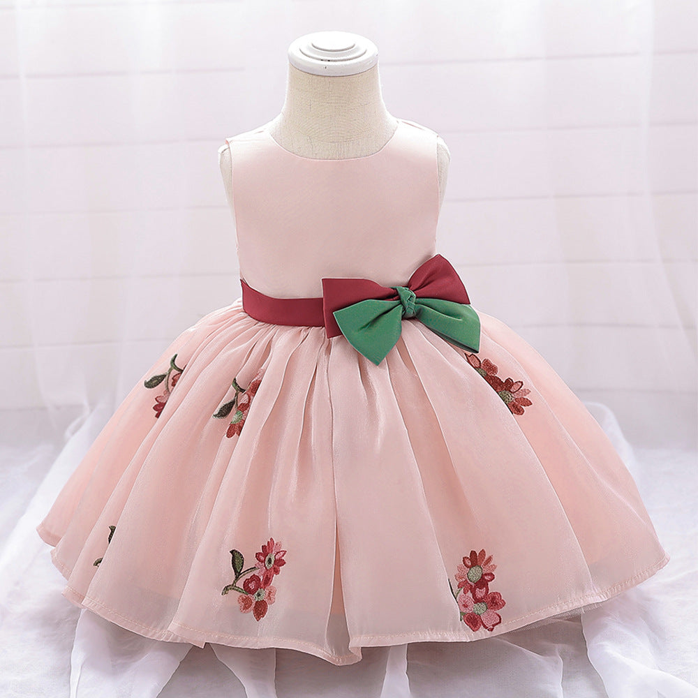 Cute Satin Tulle Embroidered Flower Girl Baby Dress - Tea Length Party Gown 9-24M