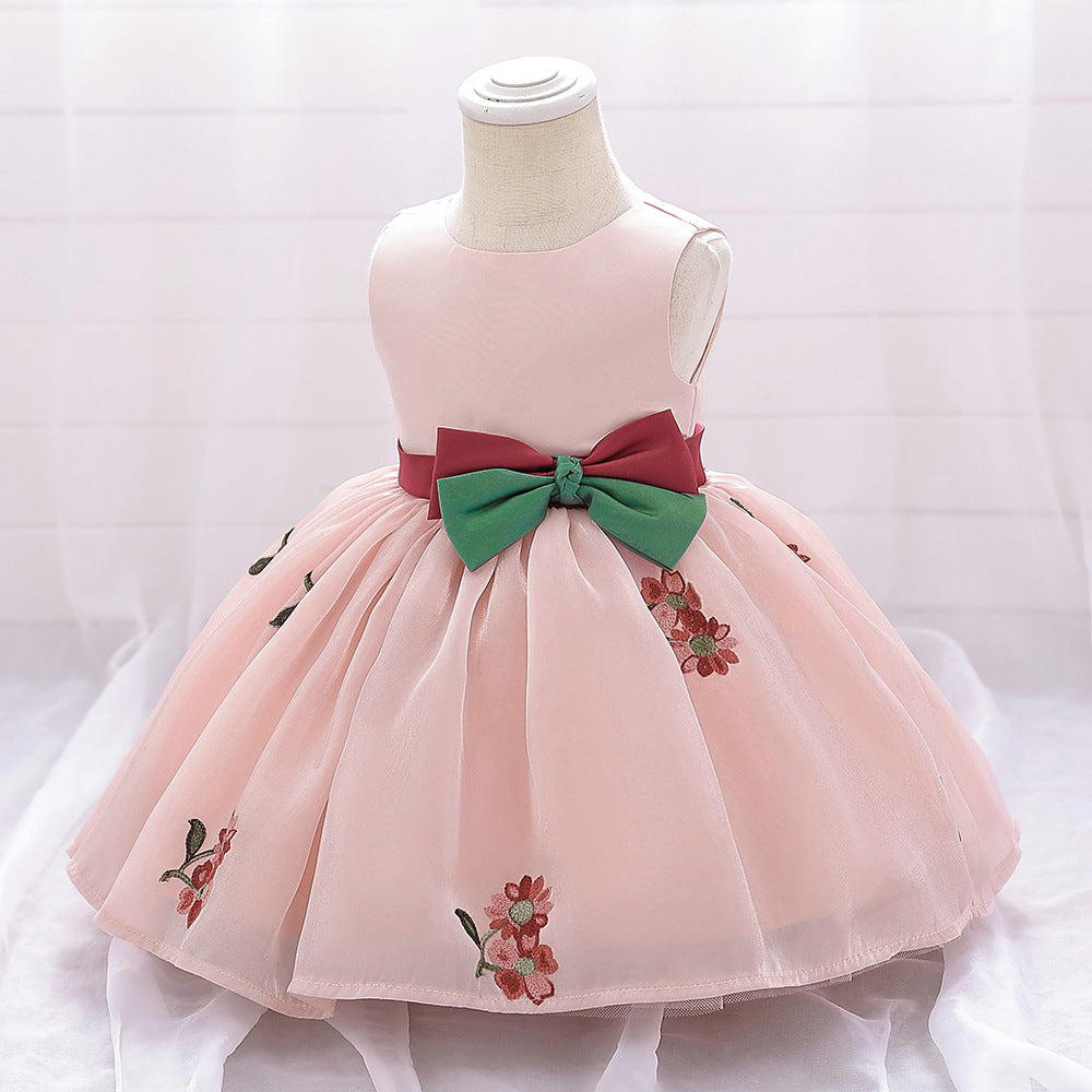 Cute Satin Tulle Embroidered Flower Girl Baby Dress - Tea Length Party Gown 9-24M