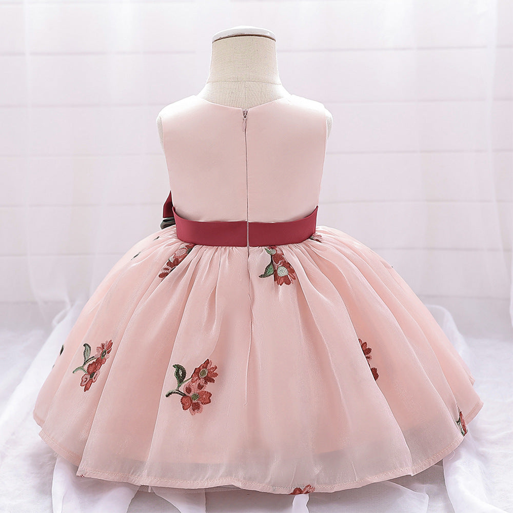 Cute Satin Tulle Embroidered Flower Girl Baby Dress - Tea Length Party Gown 9-24M