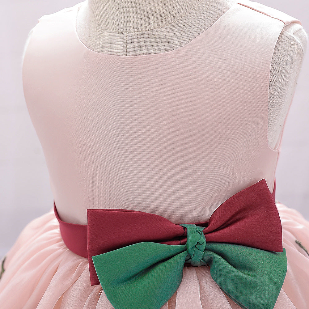 Cute Satin Tulle Embroidered Flower Girl Baby Dress - Tea Length Party Gown 9-24M