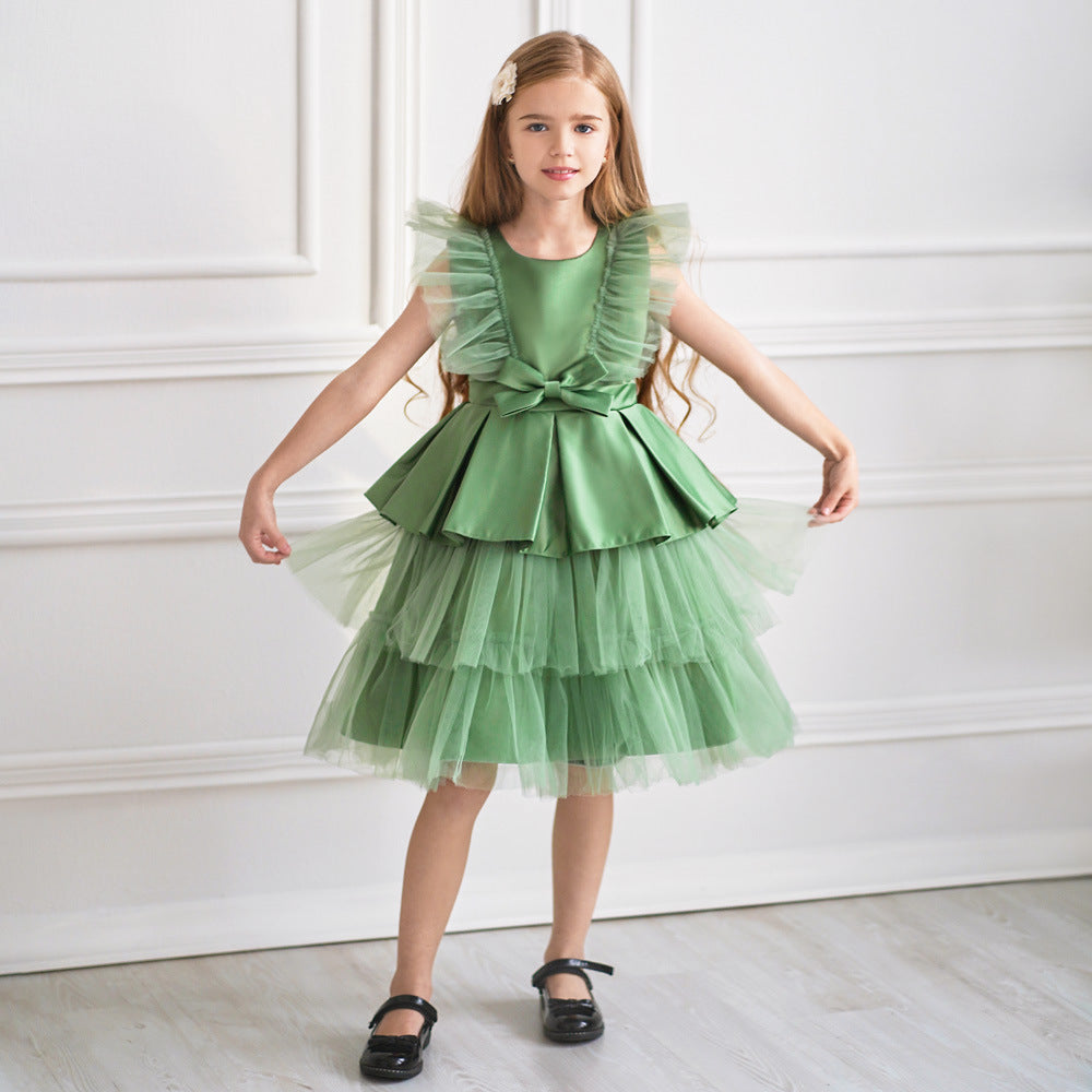 Cute Tiered Tulle A-Line Dress for Girls | Tea Length Flower Girl Party Gown