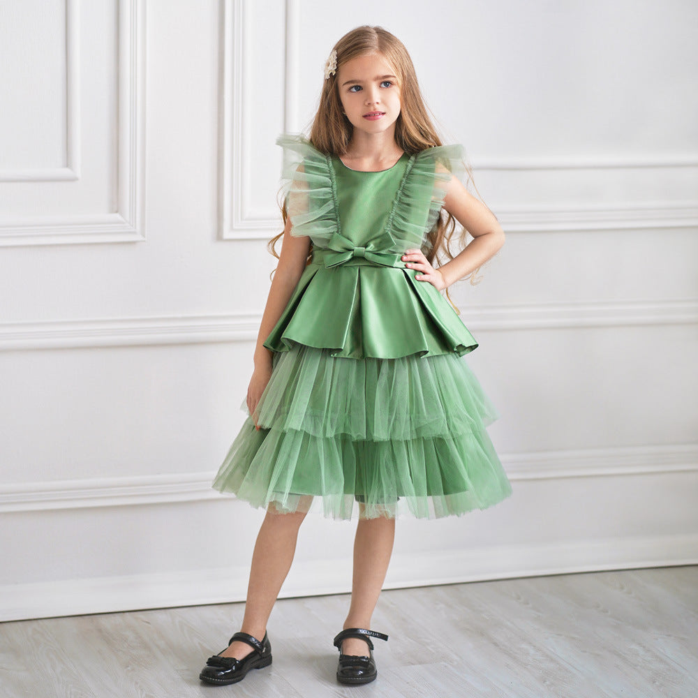 Cute Tiered Tulle A-Line Dress for Girls | Tea Length Flower Girl Party Gown