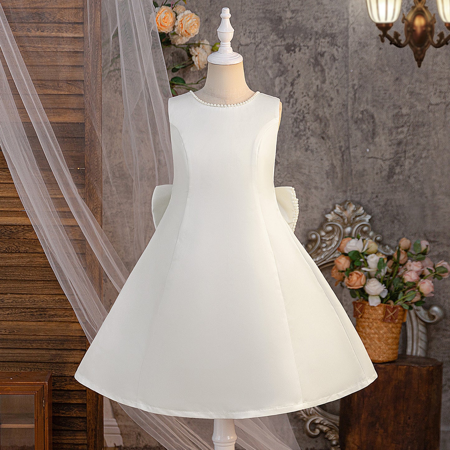 White A-Line Flower Girl Dress – Satin Princess Dress with Bows & Ruffles