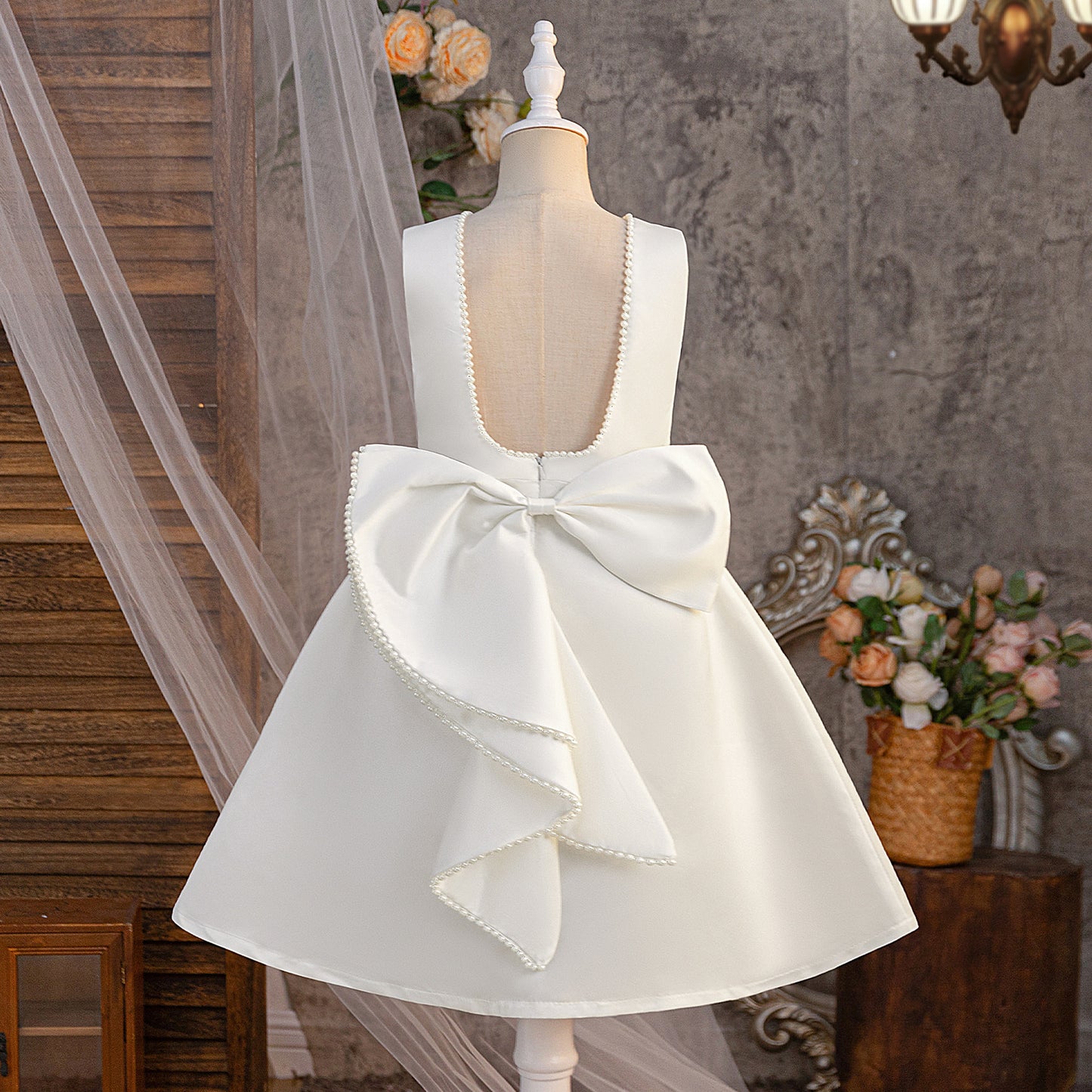 White A-Line Flower Girl Dress – Satin Princess Dress with Bows & Ruffles