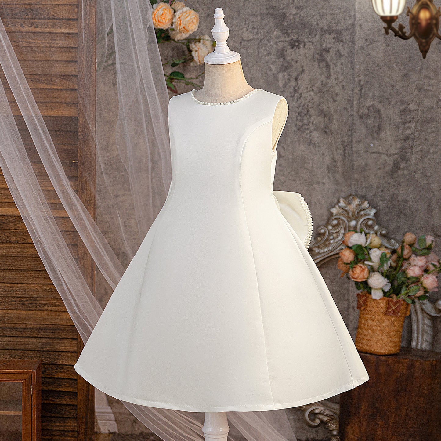 White A-Line Flower Girl Dress – Satin Princess Dress with Bows & Ruffles