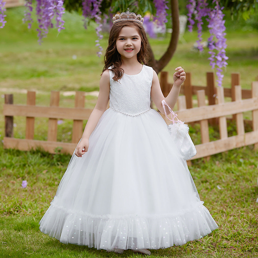 White A-Line Tulle Maxi Dress for Girls – Princess Style Formal Gown 5-12 Years