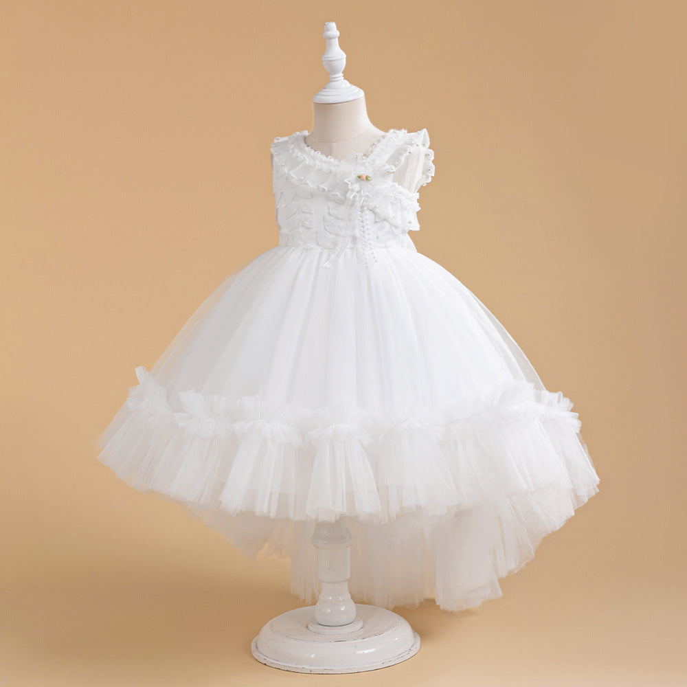 White Puffy Tulle Flower Girl Dress – High-Low Ball Gown for Parties & Weddings
