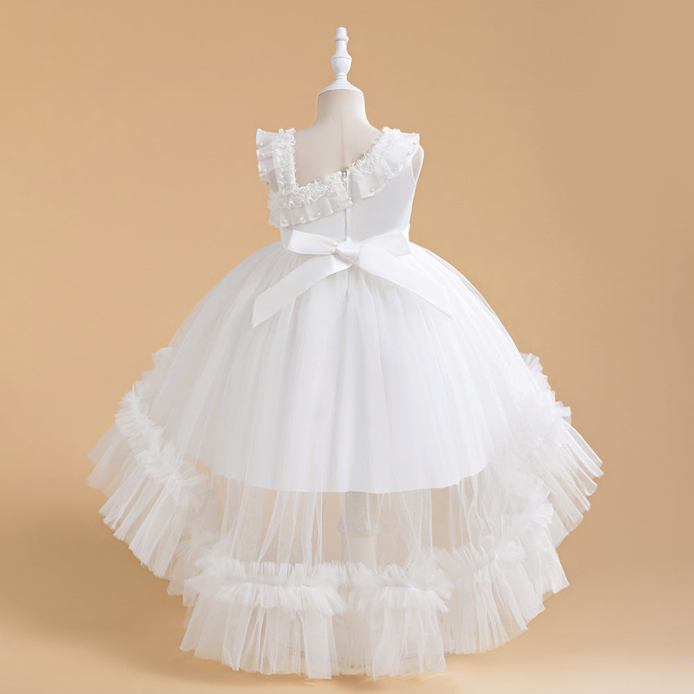 White Puffy Tulle Flower Girl Dress – High-Low Ball Gown for Parties & Weddings
