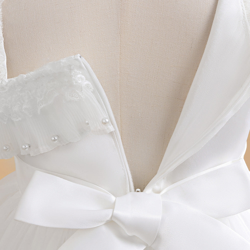 White Puffy Tulle Flower Girl Dress – High-Low Ball Gown for Parties & Weddings