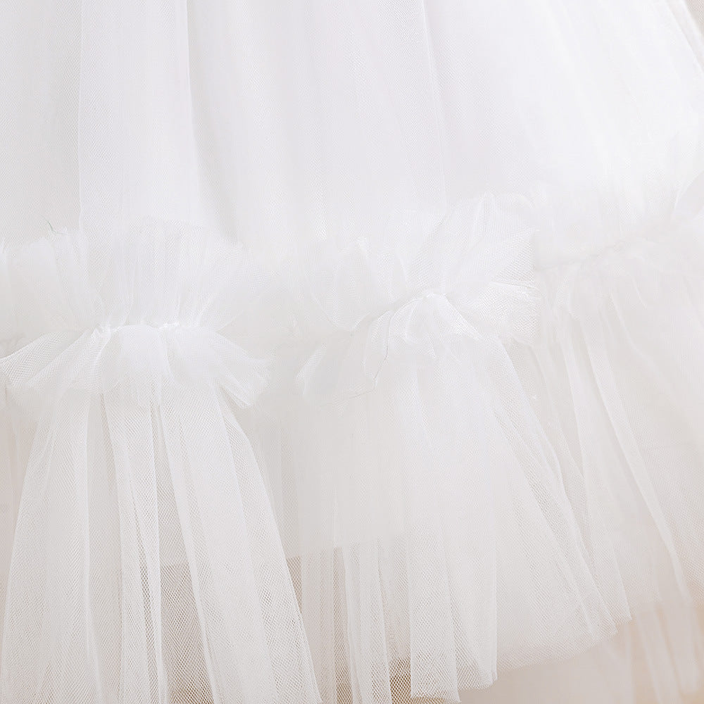 White Puffy Tulle Flower Girl Dress – High-Low Ball Gown for Parties & Weddings
