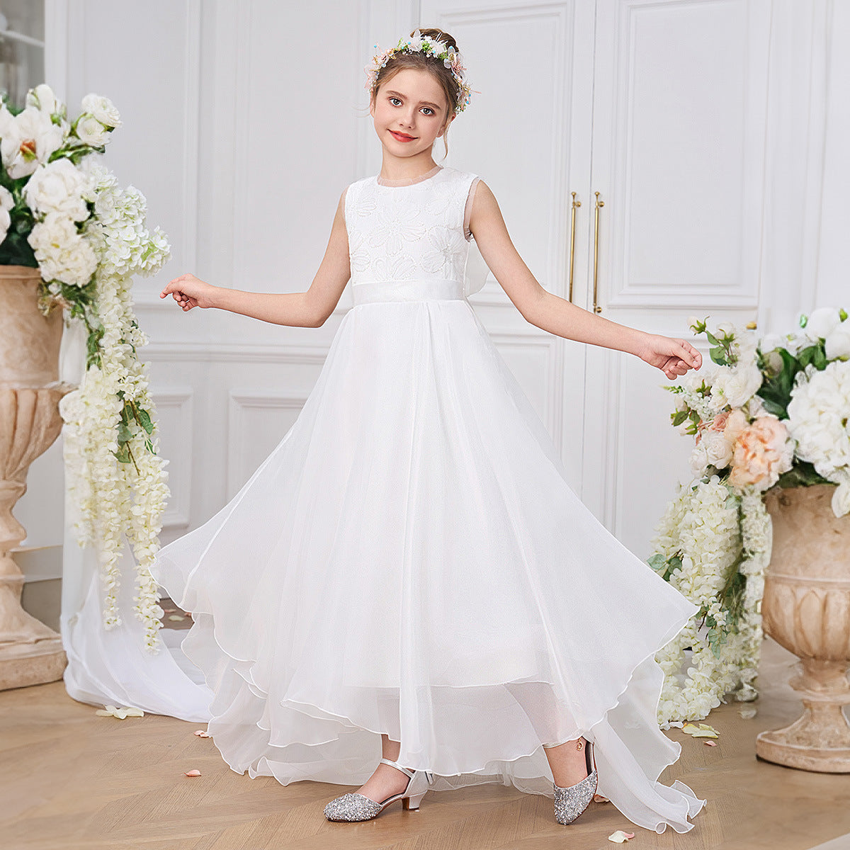 White Lace High-Low Princess Dress for Little Girls | Formal Occasion & Party Dress