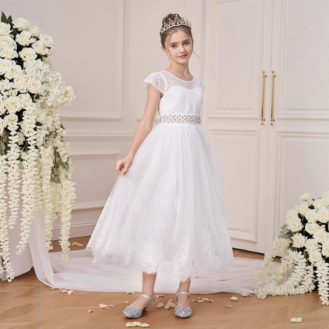 White Lace Tea Length Princess Dress for Girls – Party & Formal Occasions