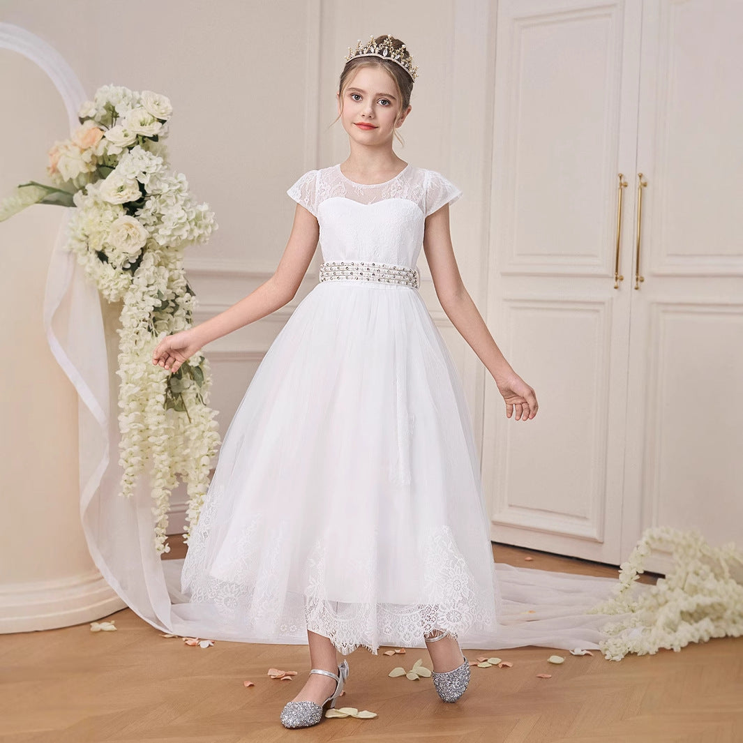 White Lace Tea Length Princess Dress for Girls – Party & Formal Occasions
