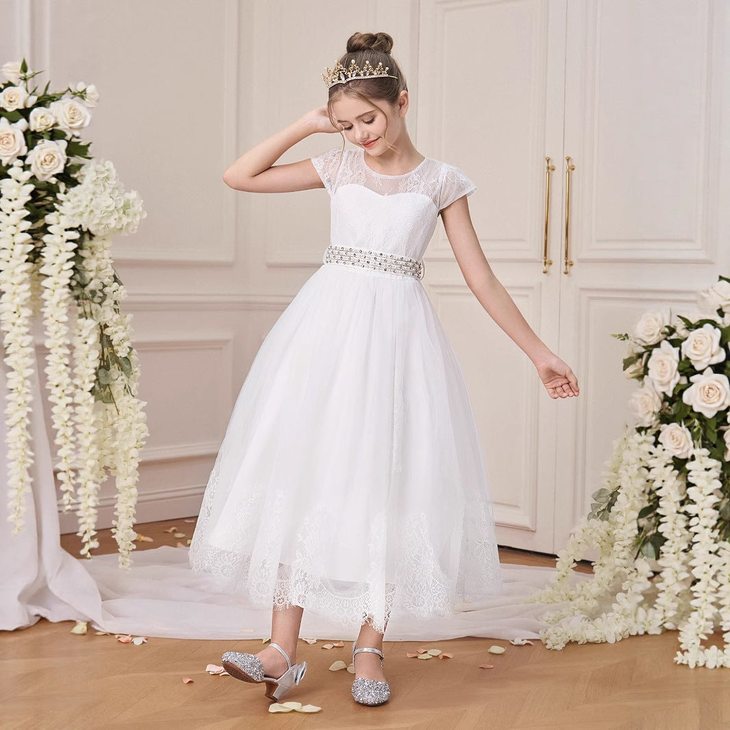 White Lace Tea Length Princess Dress for Girls – Party & Formal Occasions