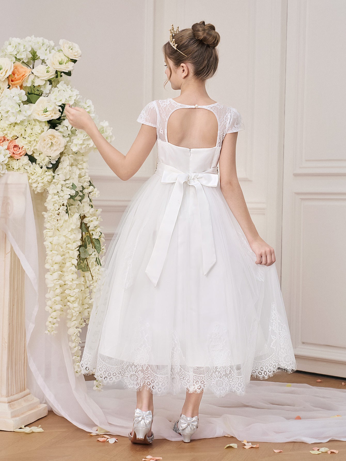 White Lace Tea Length Princess Dress for Girls – Party & Formal Occasions