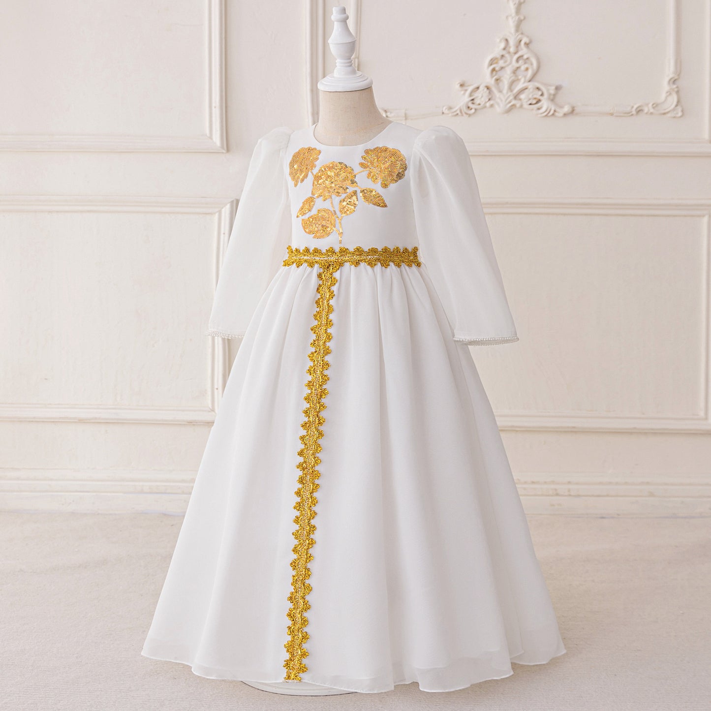 White Sequin Lace Maxi Princess Dress for Girls – Long Sleeve Formal Gown, Ages 3-8