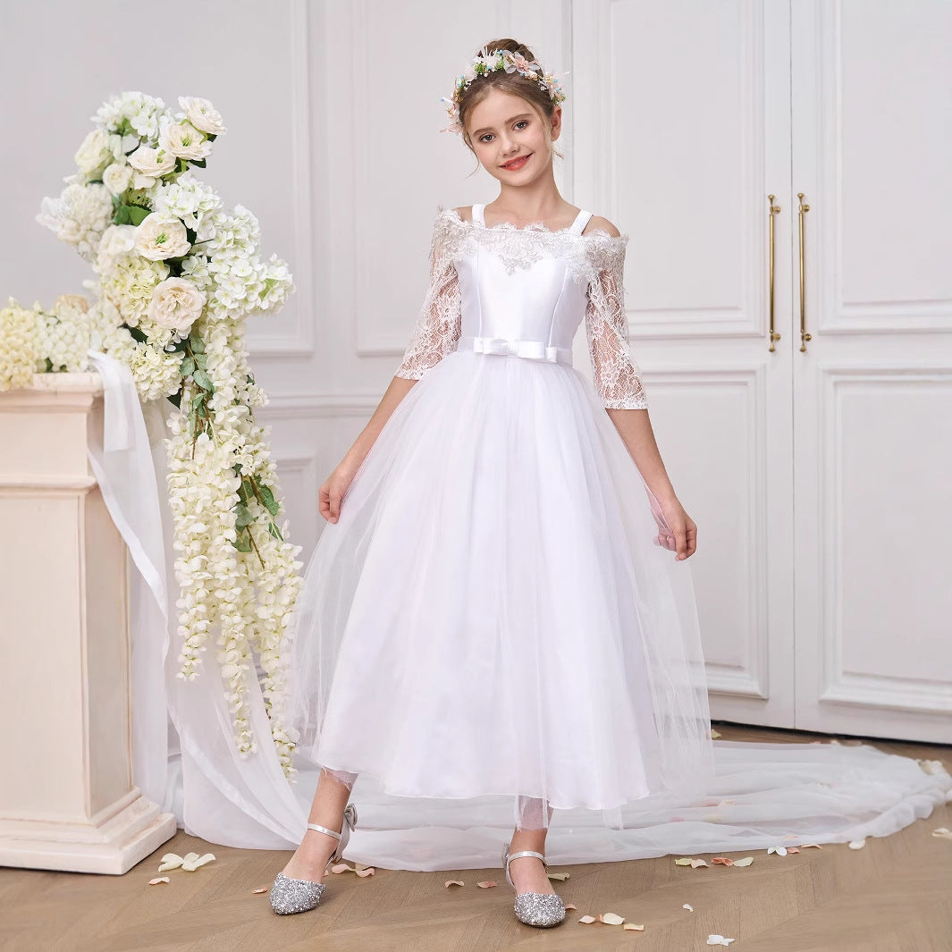 White A-Line Off-Shoulder Tulle Dress for Girls | Flower Girl & Party Wear
