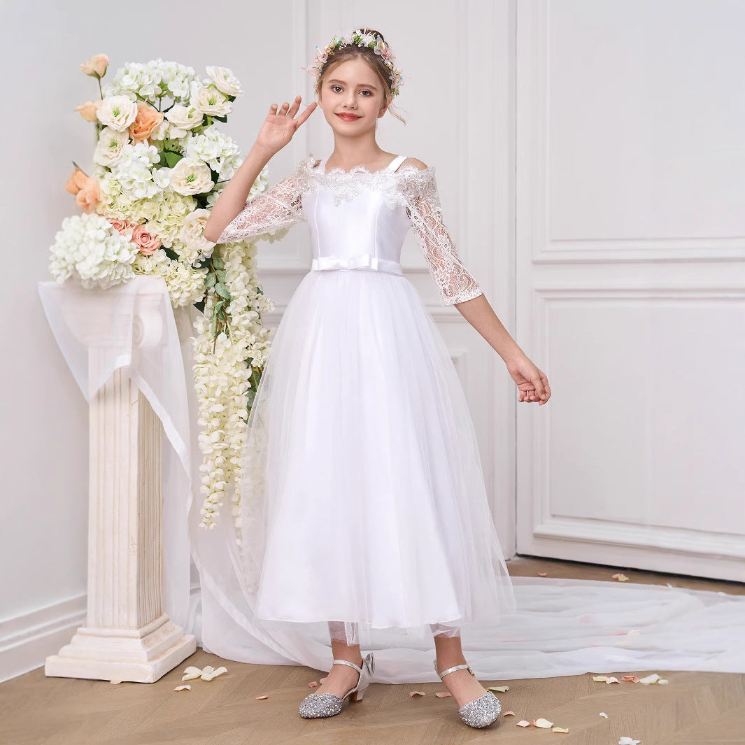 White A-Line Off-Shoulder Tulle Dress for Girls | Flower Girl & Party Wear