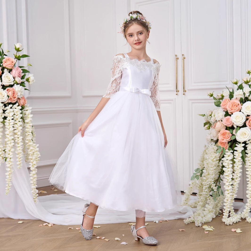 White A-Line Off-Shoulder Tulle Dress for Girls | Flower Girl & Party Wear
