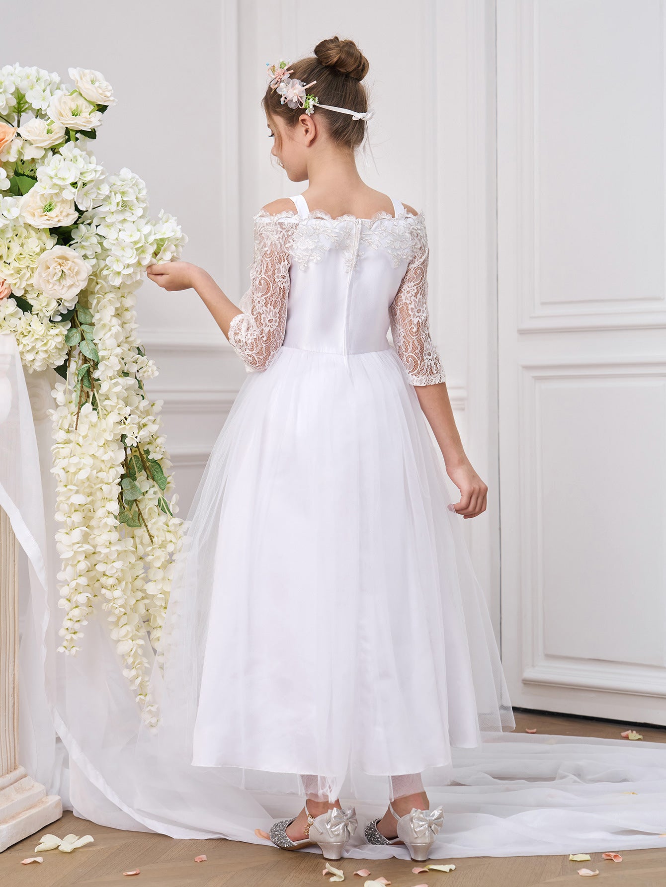 White A-Line Off-Shoulder Tulle Dress for Girls | Flower Girl & Party Wear