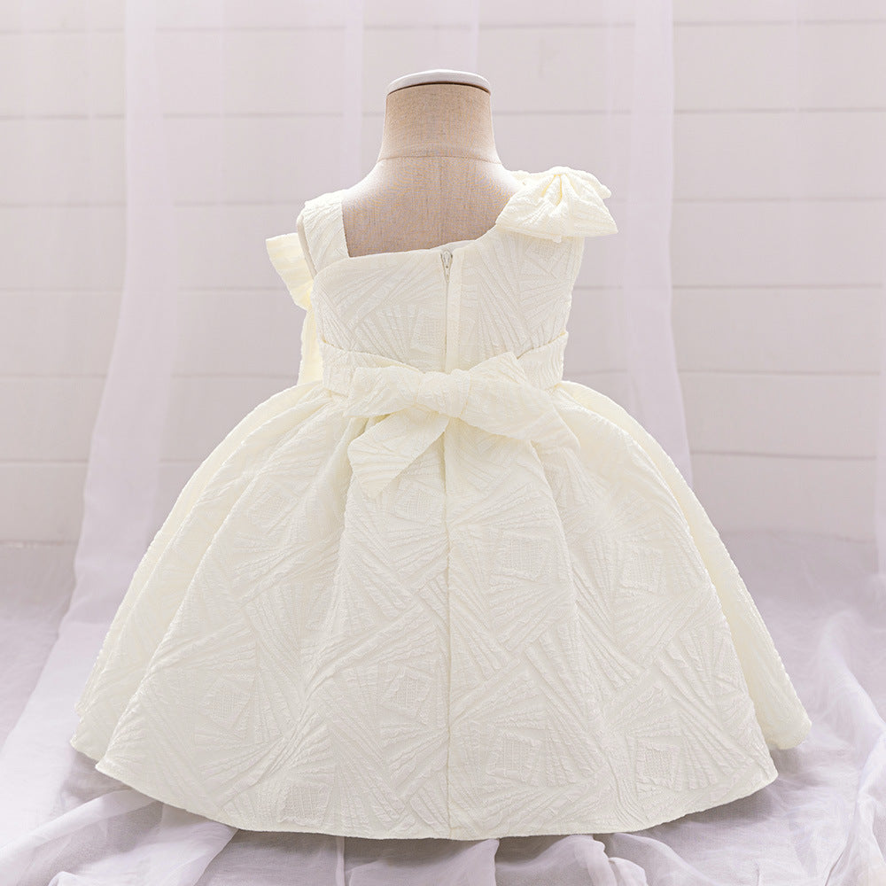 Frocklet White Puffy Off Shoulder Girl Dress with Bow, Tea Length Ball Gown for Parties & Weddings 3