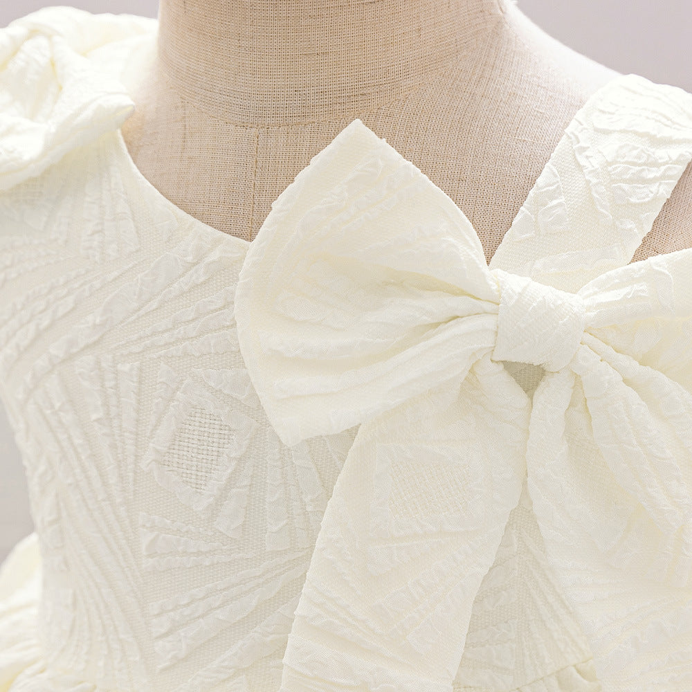 Frocklet White Puffy Off Shoulder Girl Dress with Bow, Tea Length Ball Gown for Parties & Weddings 5