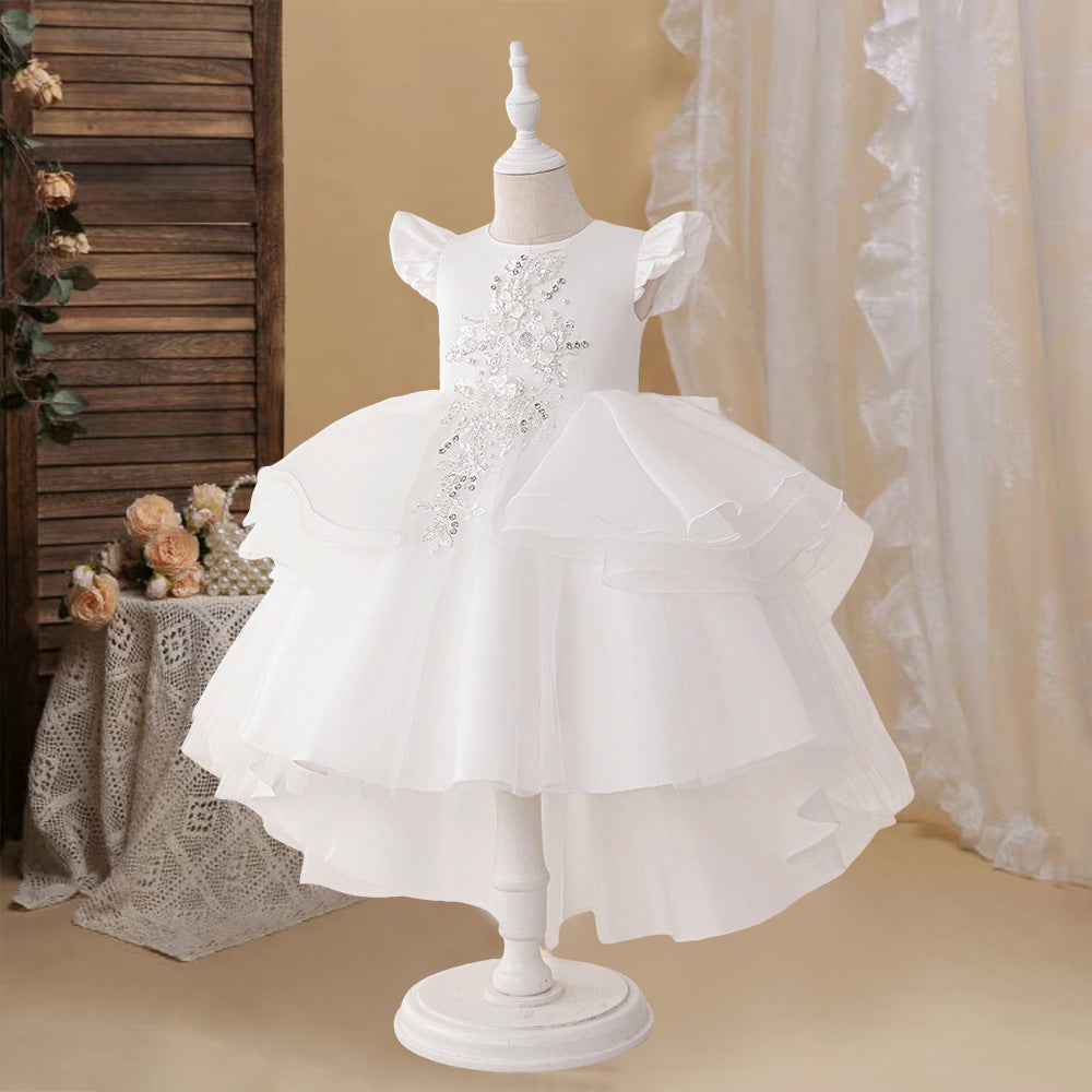 Cute White Satin Puffy High-Low Dress with Sequins for Girls (Ages 3-10)