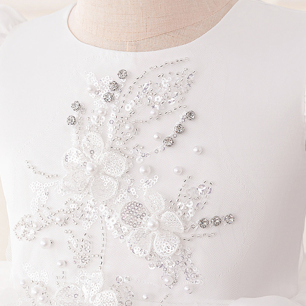 Cute White Satin Puffy High-Low Dress with Sequins for Girls (Ages 3-10)