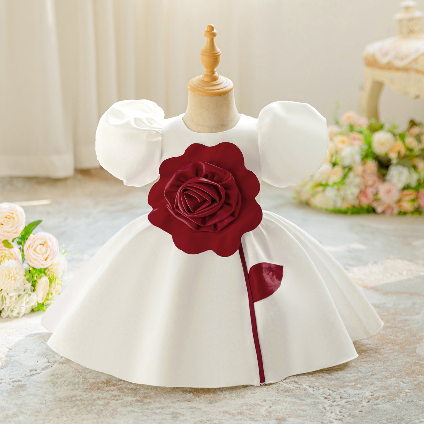 White Satin Tea Length Princess Dress for Baby Girls - Puffy Sleeves & Ruffle Embellishments