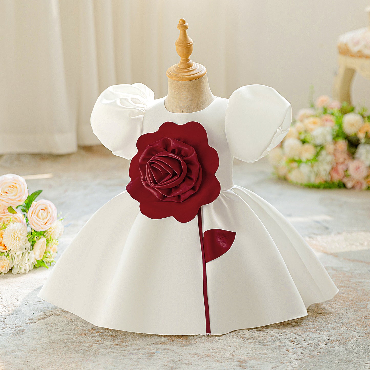 White Satin Tea Length Princess Dress for Baby Girls - Puffy Sleeves & Ruffle Embellishments
