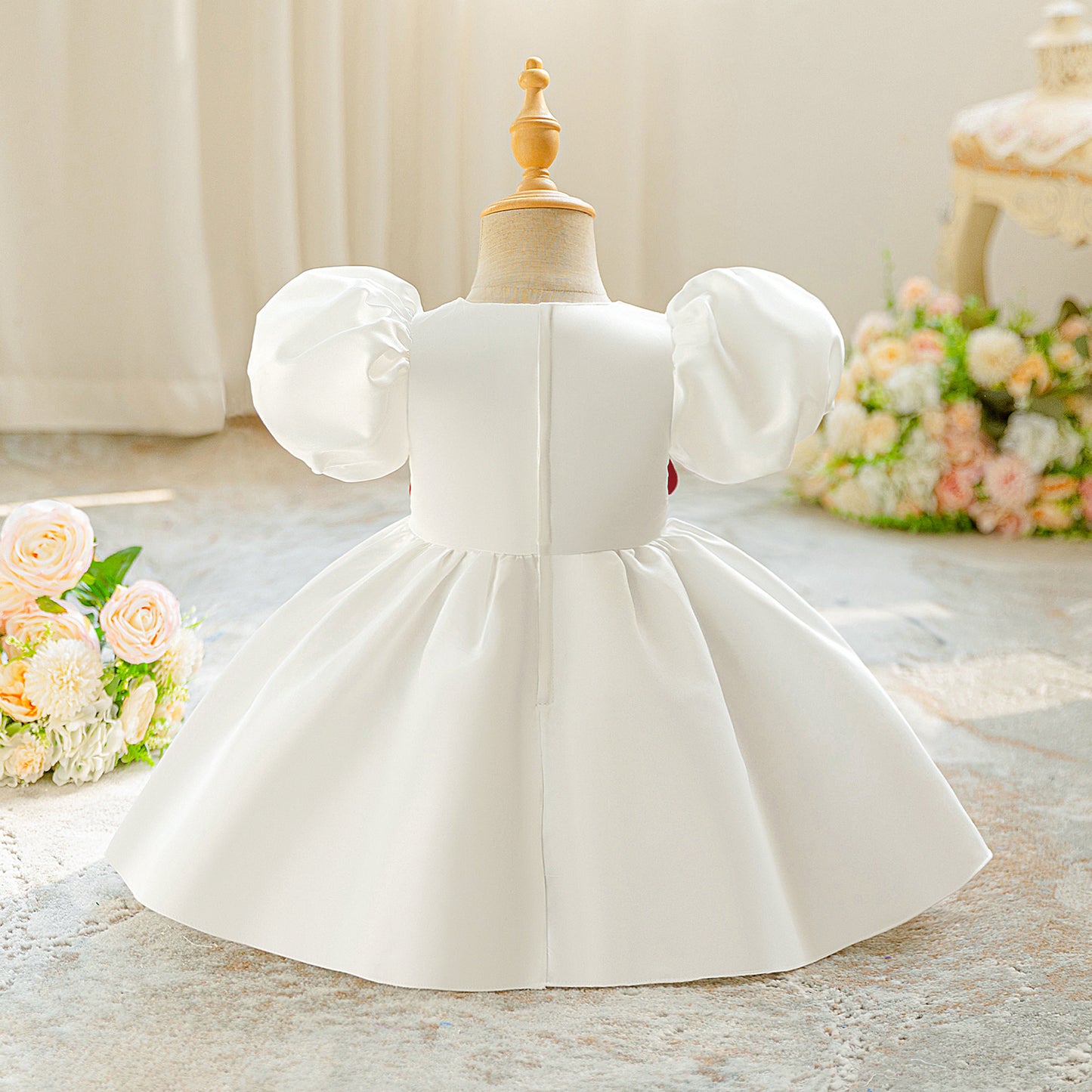 White Satin Tea Length Princess Dress for Baby Girls - Puffy Sleeves & Ruffle Embellishments