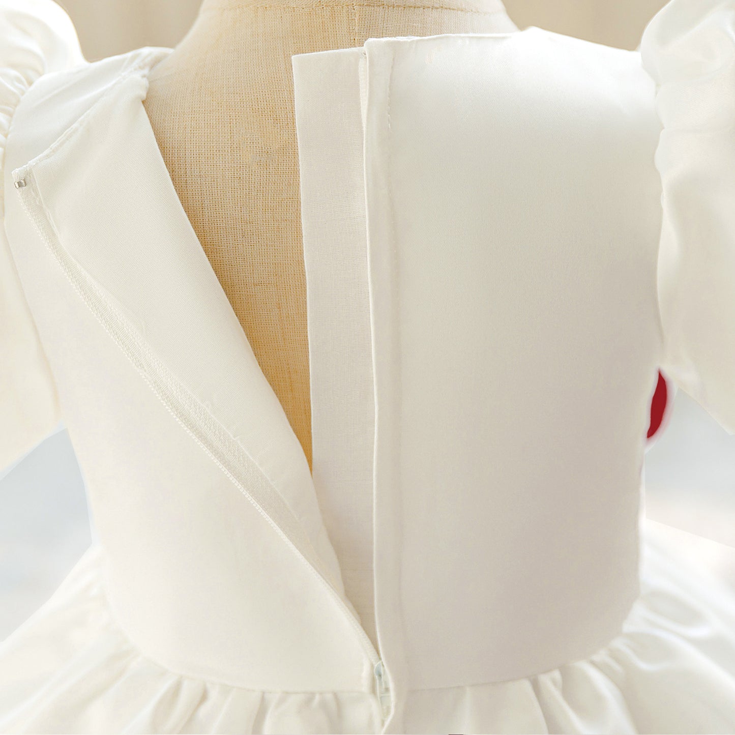 White Satin Tea Length Princess Dress for Baby Girls - Puffy Sleeves & Ruffle Embellishments